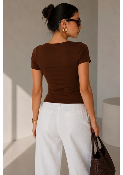 Bb Butik Basic Soft Touch Kare Yaka Body Tulum Astarlı Md3535 Kahverengi