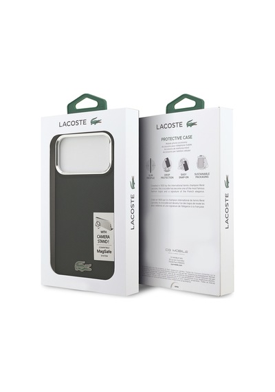 Apple Uyumlu iPhone 17 Pro Max Kılıf Lacoste Lisanslı M-safeli Pu Pike Desen Standlı Metal Logo Kapak Koyu Yeşil Koyu Yeşil