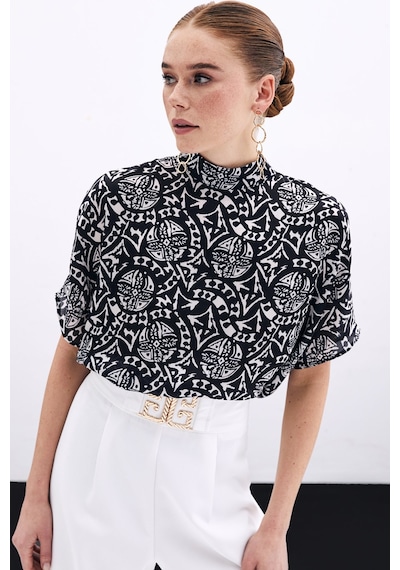 Sateen Kısa Kol Desenli Bluz - Siyah-135898 Siyah