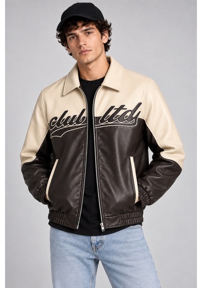 Maison Rae Erkek Siyah, İçi Kürklü, Çift Renkli, Yazı Detaylı,oversize Suni Deri Bomber Ceket