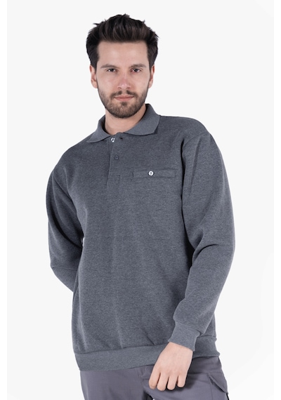 3 İplik Polo Yaka Fleto Cepli Sweatshirt Füme Melanj