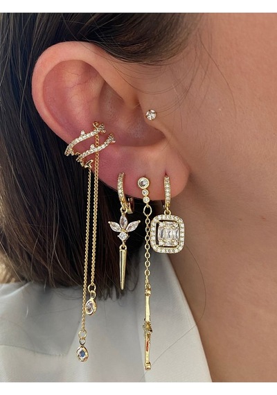 Pinery Jewels Baget Ve Zirkon Taşlı 3'lü Altın Kaplama Kadın Küpe Seti Altın