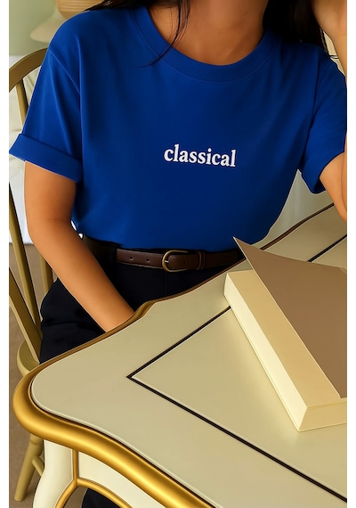 Classıcal Baskılı Oversize Unisex Tişört Saks Mavisi