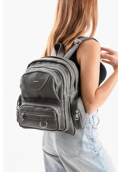 Baginn Suni Deri Kadın Sırt Çantası 38 28 Cm Mega Bag Günlük Kullanıma Uygun Çok Cepli İçi Astarlı Gri