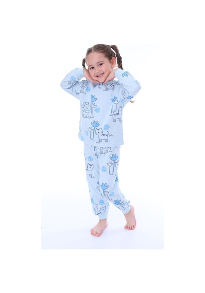Bunny Hopp 3-8 Yaş Pamuk Kız Ve Erkek Çocuk Için Unisex Uzun Kollu Pijama Takımı Mavi