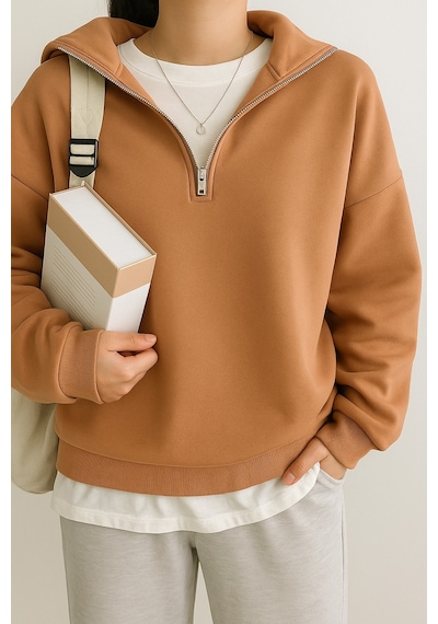 Ghassy Co. Kadın Pamuklu Oversize Silver Yarım Fermuarlı Sweatshirt Tarçın