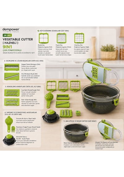 Vegetable Cutter Hazneli 9ın1 Çok Fonksiyonlu Sebze Dilimleyici - Kesici - Doğrayıcı Seti Dp-901 Belirtilmemis