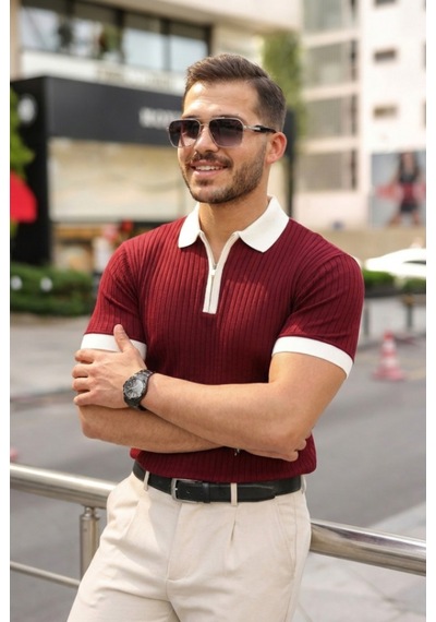 Efnaz Style Erkek Yaka Ve Kol Detaylı Fermuar Yakalı Çizgi Desen Kısa Kollu Triko Tişört Altın Efnaz Style Erkek Yaka Ve Kol Detaylı Fermuar Yakalı Çizgi Desen Kısa Kollu Triko Tişört Altın