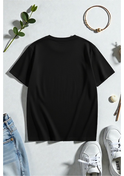 Uyguntarz Unisex Kalpli Kurdele Baskılı Tasarım Tshirt Siyah