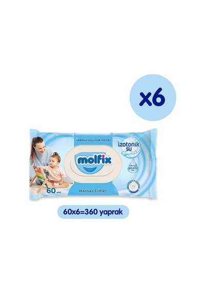 Izotonik Sulu Islak Mendil Hassas Ciltler 60'li X 6 Adet 360 Yaprak 10'lu Set