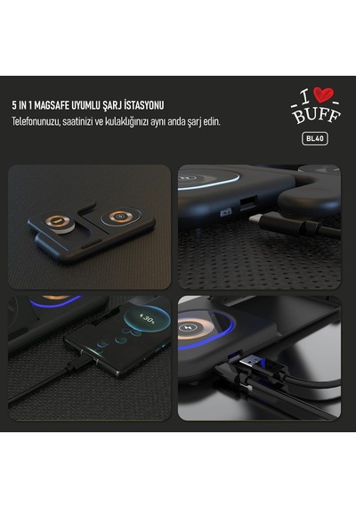 Buff Bl40 5in1 Telefon Watch Kulaklık Tutucu Kablosuz Led Işıklı Hızlı Şarj Standı Çok Renkli