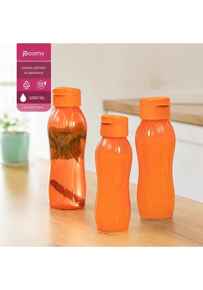 Büyük Boy Kapaklı Su Matarası 1000 Ml, Şeffaf Plastik Sporcu Su Şişesi, Bpa İçermez, Mavi Turuncu Siyah Mor Ren Çok Renkli