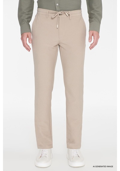 AC&Co / Altınyıldız Classics Erkek Bej Slim Fit Dar Kesim Beli Bağlamalı Yan Cep Gofre Desenli Pantolon Bej