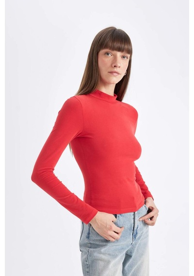Defacto Kırmızı Slim Fit Dar Kesim Yarım Balıkçı Yaka Casual Basic Düz Uzun Kollu Tişört D3575AX24AURD227 Kırmızı