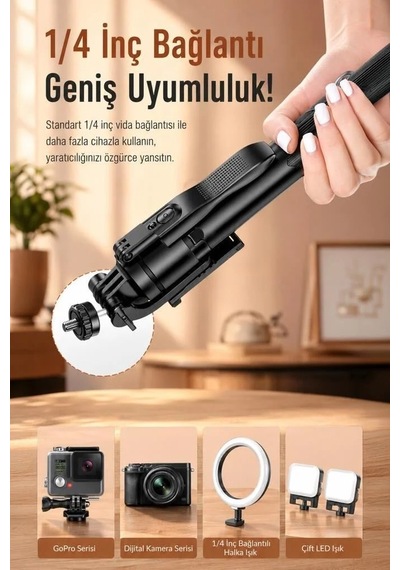 Premium L16 Tripod Kumandalı 153cm Selfie Çubuğu Gezi Gereci Çekim Standı Cihaz Tutucu