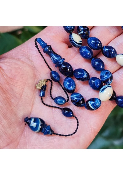 8x11 Mm Ali Agiş Usta İşçilikli Mavi Beyaz Sıkma Kehribar Tesbih - Şeffaf Delim Tespih