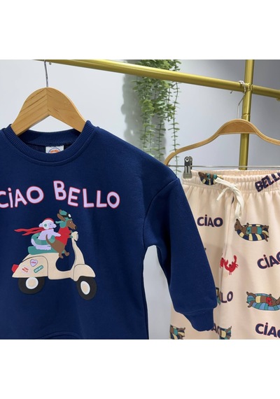 Ciao Bello Baskılı Lacivert Sweatshirt Ve Desenli Eşofman Altı Unisex 3ip Alt Üst Takım Ciao Bello Baskılı Lacivert Sweatshirt Ve Desenli Eşofman Altı Unisex 3ip Alt Üst Takım
