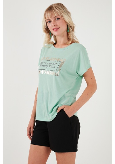 Lela Baskılı Bisiklet Yaka Regular Fit Bayan T Shirt 6671007 Mint