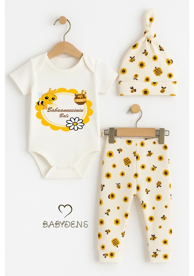 Babyden's Babaannesinin Balı Yazılı 3 Lü Bebek Takımı Kısa Kollu Çıtçıtlı Body, Arı Desenli Pantolon, Bere Ekru