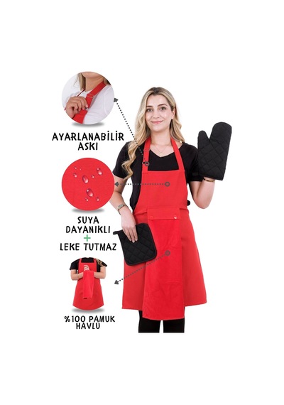 Star Ayar Askılı Havlulu 4lü Mutfak Önlüğü Seti Eldiven Tutacak Kırmızı-kırmızı-siyah