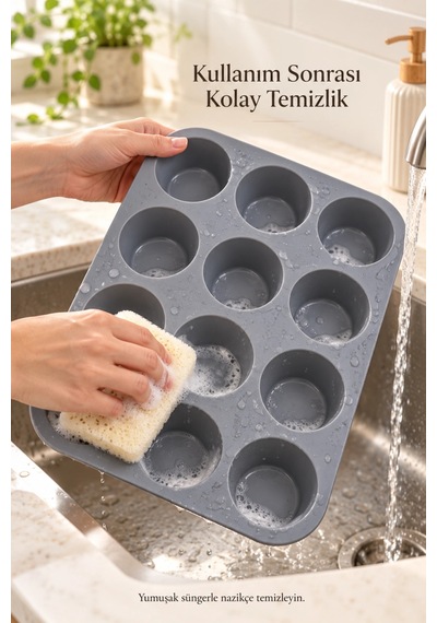 Tilbe Home 12'li Silikon Muffin Kalıbı Yapışmaz Cupcake Kek Kapsül Brownie Mutfak Fırın Tepsisi Pasl Gri
