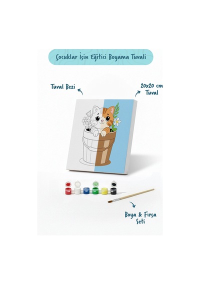 Sevimli Kedi Temalı Çocuk Boyama Tuvali Şövalesiz Eğitici Boyama Seti 20x20 Cm