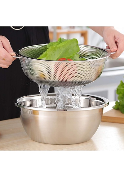 Paslanmaz Çelik 26cm Çift Kulplu Sepet Süzgeç, Salata, Meyve, Makarna Süzgeci - Paslanmaz Çelik Gümüş