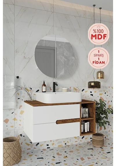 Koza Beyaz 90 Cm %100 Mdf Lavabolu Banyo Dolabı Ayna Lavabo Beyaz