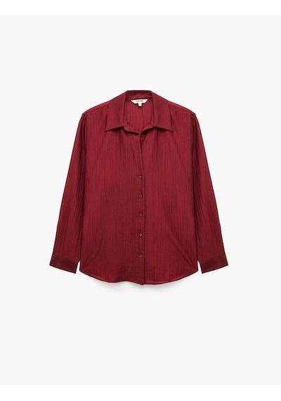 Koton Uzun Kollu Kaçık Yaka Düğmeli Oversize Gömlek Bordo 7wak60129pw