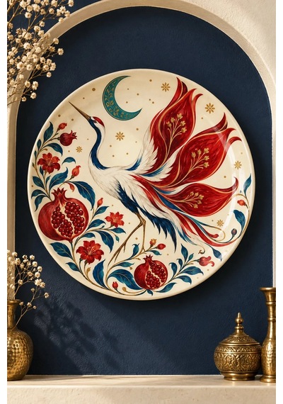 Dekoratif Duvar Tabağı Nar Ve Turna Masalı Dekorlu Seramik Tabak Gri