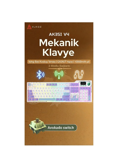 Ajazz Ak35iv4 Tam Boy Mekanik Oyuncu Klavyesi-tft Ekran-10.000 Mah Batarya-özel Temalı Tasarım - Mor - Beyaz