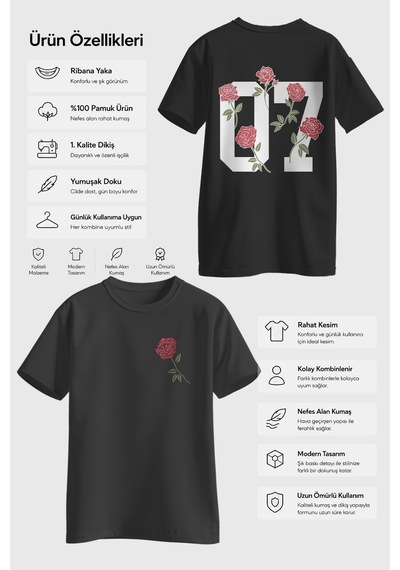 Spoyi Street Rose Tasarımlı %100 Pamuk Yarım Oversize Siyah T-shirt