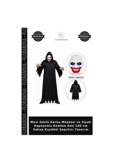Mavi Gözlü Korku Maskesi Ve Siyah Kapüşonlu Kostüm Seti 140 Cm Sahne Kıyafeti Şaşırtıcı Tasarım