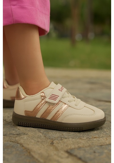 Günlük Unisex Çocuk Sneaker Bağcıklı Hafif Kaymaz Taban Ayakkabı Bej