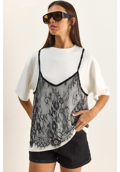 Shade Kadın Dantel Detaylı Katmanlı Görünümlü Basic T-shirt 1083 60286114 - Beyaz