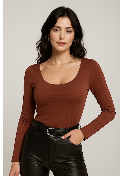 Rich Kadın Bordo U Yaka Uzun Kollu Bluz Bordo