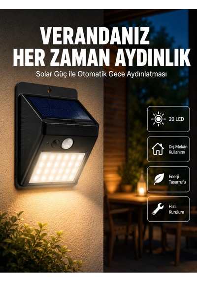 Bahçe Ve Dış Mekanlar İçin Güneş Enerjili 20 Led Hareket Sensörlü Lamba Yeni Nesil - Lisinya