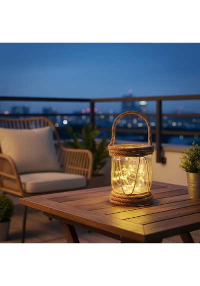 Dyrıs Rustik Halatlı Cam Fener, Pilli Led Işıklı Dekoratif Kavanoz Lamba, Bahçe Ve Balkon Aydın