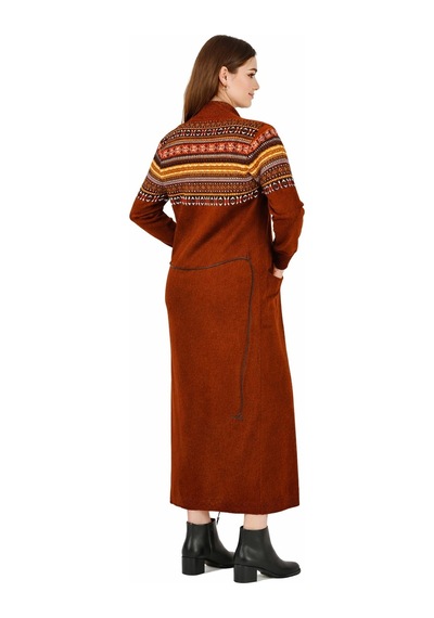 Onno Style Women Kilim Desen Uzun Ceket Kiremit
