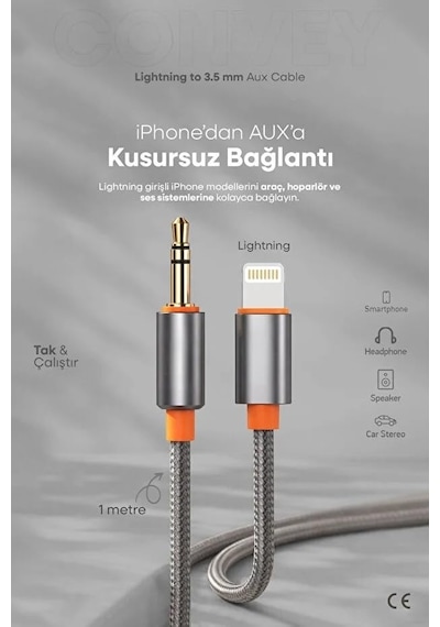 Convey 3.5mm Aux To Lightning İle Uyumlu Kablo 1 Metre Diğer