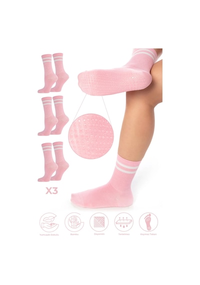Saysez Bambu Kadın Kaydırmaz Taban Silikon Baskı Pilates Yoga Fitness Dans Aktivite Tenis Çorabı Pembe 3'lü Renkli