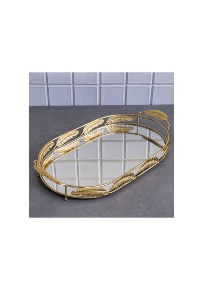 Aynalı Tepsi Dekoratif Sunum Tepsisi Xl Boy Yaprak Gold 54 X 28 Cm
