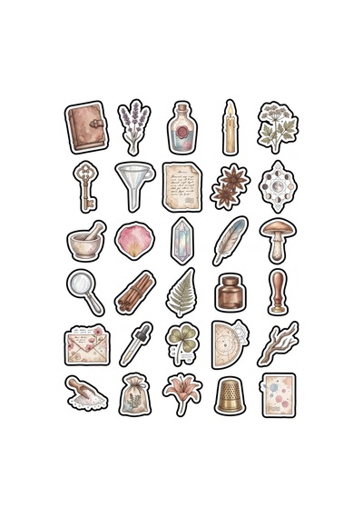 30 Adet Vintage Mistik Botanik Sticker Seti - Laptop Defter Ajanda Scrapbook İçin Çok Renkli