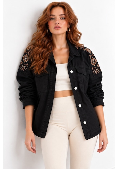 Saade Siyah Etnik İşlemeli Oversize Denim Ceket