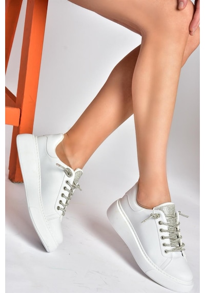Fox Shoes P602001709 Beyaz Taşlı Bağcıklı Kadın Spor Ayakkabı Sneakers Beyaz