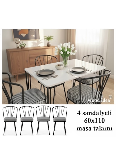 Yemek Masası Mutfak Masası ,balkon Masası 60x110 4 Sandalyeli Beyaz
