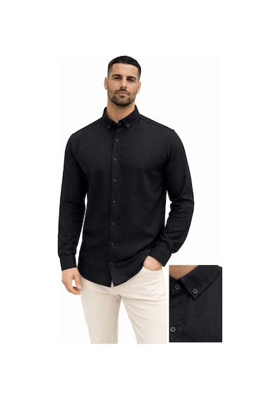 Erkek Keten Kumaş Uzun Kollu Regular Fit Gömlek - Siyah