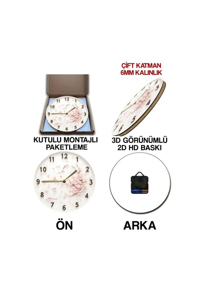 Sakura Esintisi 3d Görünümlü Çiçekli Duvar Saati Sdw268 Renkli
