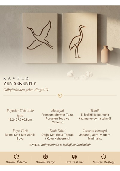 Zen Serenity 2'li Duvar Sanatı Seti - Minimalist Japandi Tarzı El Yapımı Kazıma Çizgisel Turna Tablo Seti