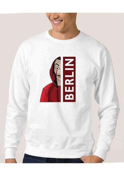 La Case De Papel Berlin Baskılı Beyaz Erkek Örme Sweatshirt